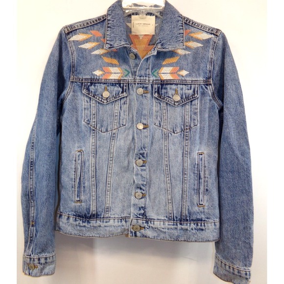 Lucky Brand Tomboy Trucker Denim Jacket Womens Size S Embroidered Aztec Print - Picture 1 of 9
